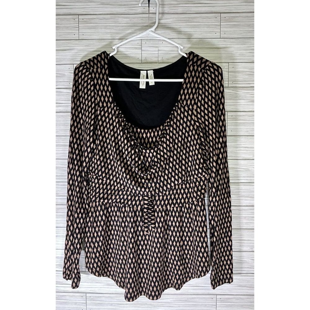 Meadow Rue Womens Josalyn Tie Front Blouse Size Medium Black Tan Long Sleeve Top
